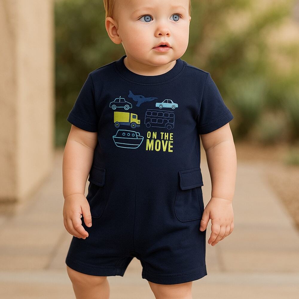 Just One You Boys Romper Size 6 Months Navy Blue On the Move Vehicles NEW